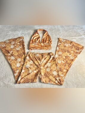 Princess Polly Orange/tan cropped Floral Halter & Bell-Bottom Set size 4